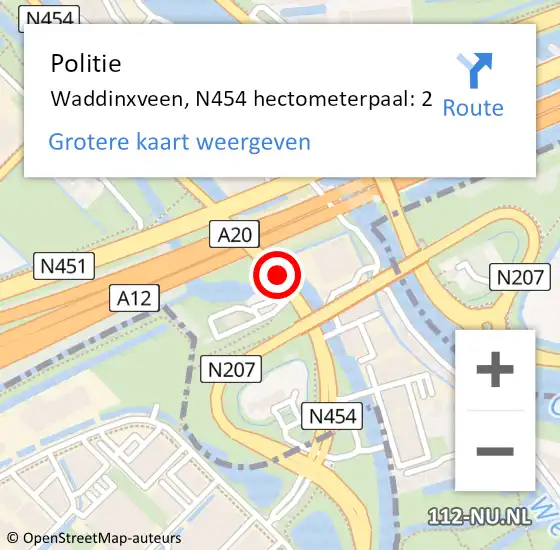 Locatie op kaart van de 112 melding: Politie Waddinxveen, N454 hectometerpaal: 2 op 8 juni 2023 13:46