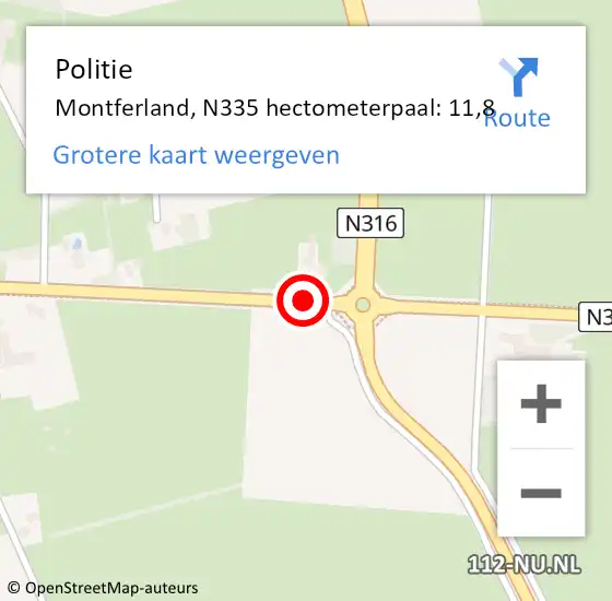 Locatie op kaart van de 112 melding: Politie Montferland, N335 hectometerpaal: 11,8 op 8 juni 2023 14:31