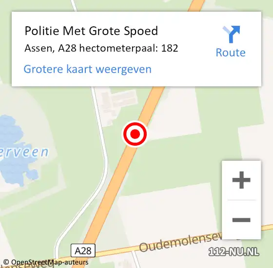 Locatie op kaart van de 112 melding: Politie Met Grote Spoed Naar Assen, A28 hectometerpaal: 182 op 8 juni 2023 14:36