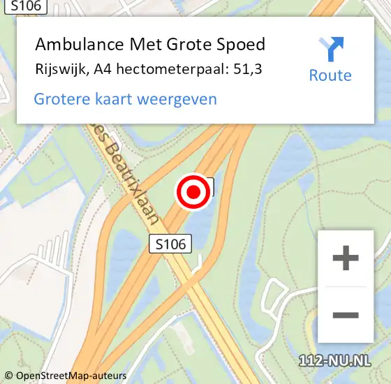 Locatie op kaart van de 112 melding: Ambulance Met Grote Spoed Naar Rijswijk, A4 hectometerpaal: 51,3 op 8 juni 2023 14:56