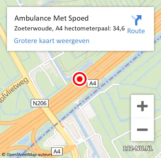 Locatie op kaart van de 112 melding: Ambulance Met Spoed Naar Zoeterwoude, A4 hectometerpaal: 34,6 op 8 juni 2023 15:08