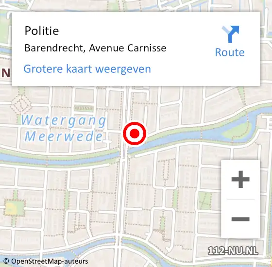 Locatie op kaart van de 112 melding: Politie Barendrecht, Avenue Carnisse op 8 juni 2023 16:21