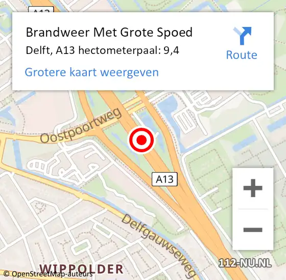 Locatie op kaart van de 112 melding: Brandweer Met Grote Spoed Naar Delft, A13 hectometerpaal: 9,4 op 8 juni 2023 16:48