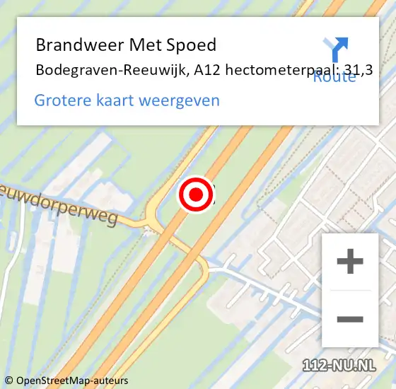 Locatie op kaart van de 112 melding: Brandweer Met Spoed Naar Bodegraven-Reeuwijk, A12 hectometerpaal: 31,3 op 8 juni 2023 17:10