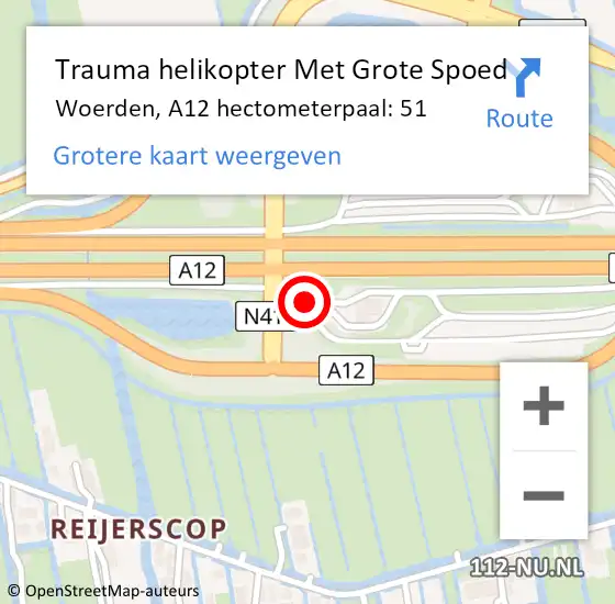 Locatie op kaart van de 112 melding: Trauma helikopter Met Grote Spoed Naar Woerden, A12 hectometerpaal: 51 op 8 juni 2023 17:23