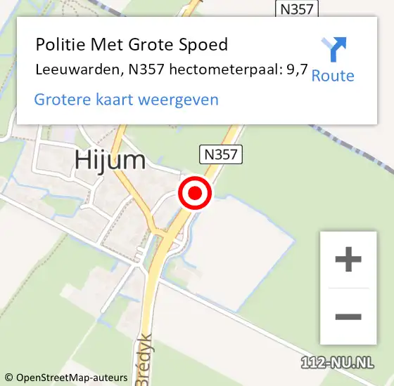 Locatie op kaart van de 112 melding: Politie Met Grote Spoed Naar Leeuwarden, N357 hectometerpaal: 9,7 op 8 juni 2023 17:25