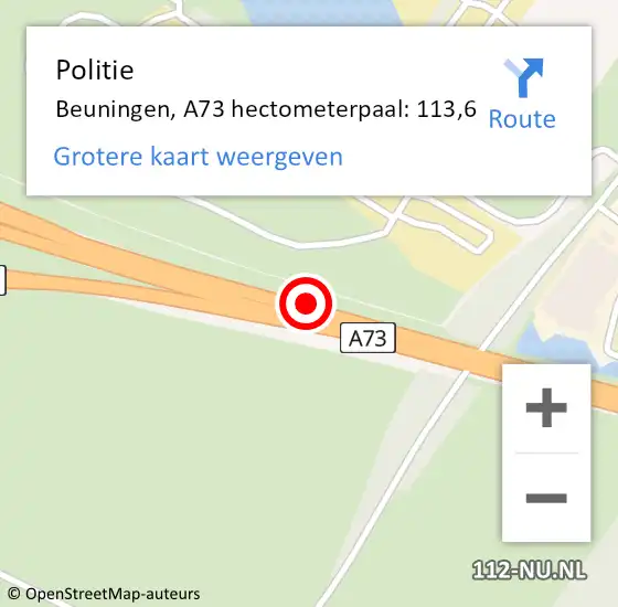 Locatie op kaart van de 112 melding: Politie Beuningen, A73 hectometerpaal: 113,6 op 8 juni 2023 17:28