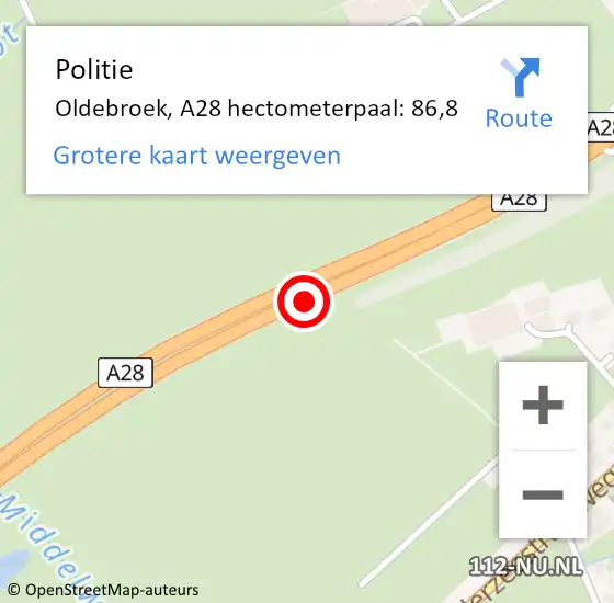 Locatie op kaart van de 112 melding: Politie Oldebroek, A28 hectometerpaal: 86,8 op 8 juni 2023 17:34