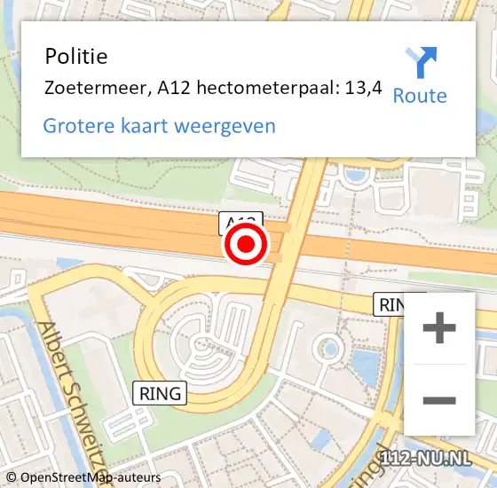 Locatie op kaart van de 112 melding: Politie Zoetermeer, A12 hectometerpaal: 13,4 op 8 juni 2023 18:01