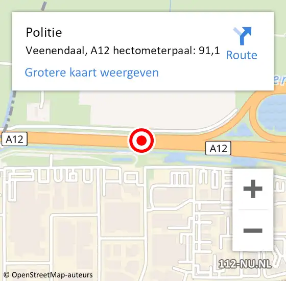 Locatie op kaart van de 112 melding: Politie Veenendaal, A12 hectometerpaal: 91,1 op 8 juni 2023 18:32