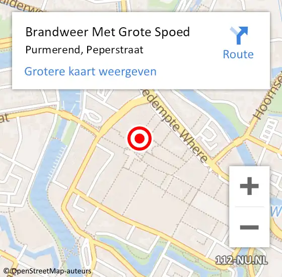 Locatie op kaart van de 112 melding: Brandweer Met Grote Spoed Naar Purmerend, Peperstraat op 8 juni 2023 19:17