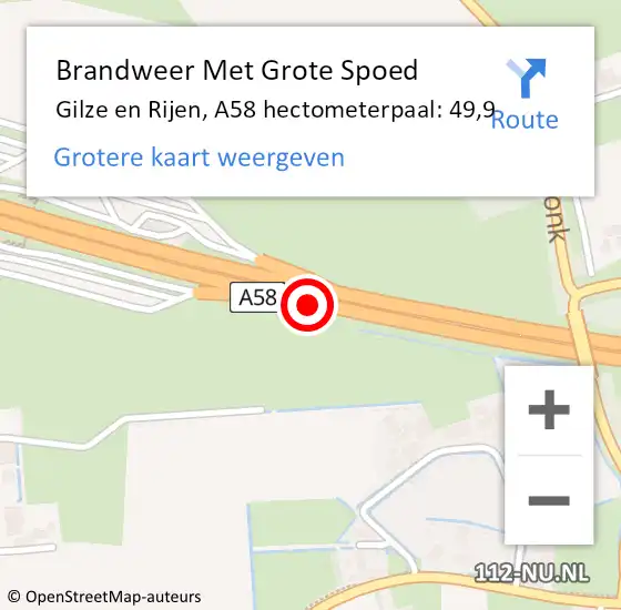 Locatie op kaart van de 112 melding: Brandweer Met Grote Spoed Naar Gilze en Rijen, A58 hectometerpaal: 49,9 op 8 juni 2023 19:56