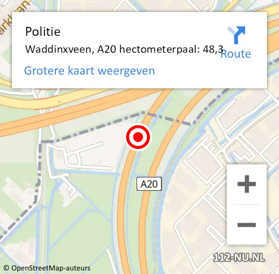 Locatie op kaart van de 112 melding: Politie Waddinxveen, A20 hectometerpaal: 48,3 op 8 juni 2023 22:50