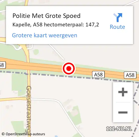 Locatie op kaart van de 112 melding: Politie Met Grote Spoed Naar Kapelle, A58 hectometerpaal: 147,2 op 9 juni 2023 00:35