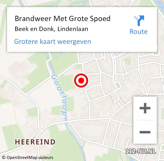 Locatie op kaart van de 112 melding: Brandweer Met Grote Spoed Naar Beek en Donk, Lindenlaan op 9 juni 2023 05:34