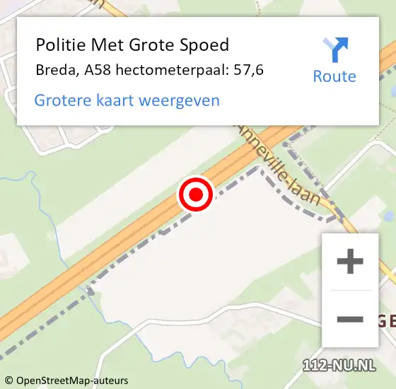 Locatie op kaart van de 112 melding: Politie Met Grote Spoed Naar Breda, A58 hectometerpaal: 57,6 op 9 juni 2023 05:56