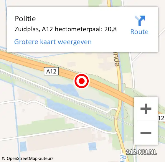 Locatie op kaart van de 112 melding: Politie Zuidplas, A12 hectometerpaal: 20,8 op 9 juni 2023 07:50