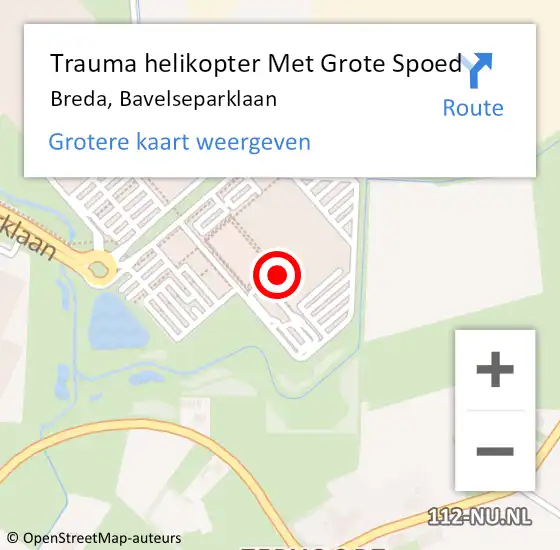 Locatie op kaart van de 112 melding: Trauma helikopter Met Grote Spoed Naar Breda, Bavelseparklaan op 9 juni 2023 08:33