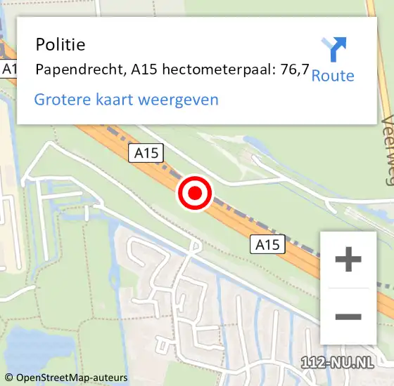 Locatie op kaart van de 112 melding: Politie Papendrecht, A15 hectometerpaal: 76,7 op 9 juni 2023 08:33