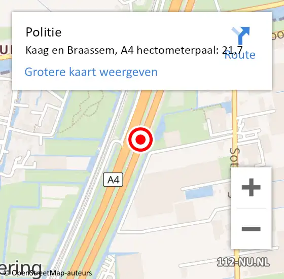 Locatie op kaart van de 112 melding: Politie Kaag en Braassem, A4 hectometerpaal: 21,7 op 9 juni 2023 08:35