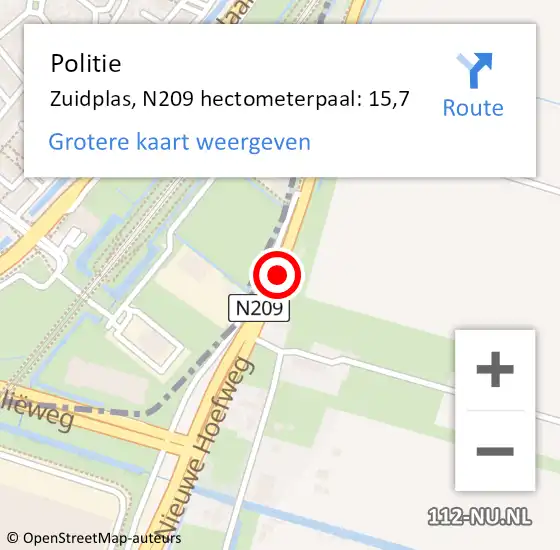 Locatie op kaart van de 112 melding: Politie Zuidplas, N209 hectometerpaal: 15,7 op 9 juni 2023 09:42