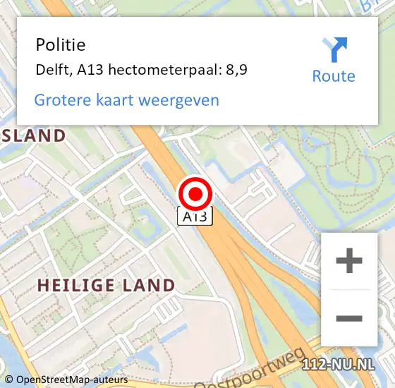 Locatie op kaart van de 112 melding: Politie Delft, A13 hectometerpaal: 8,9 op 9 juni 2023 10:11