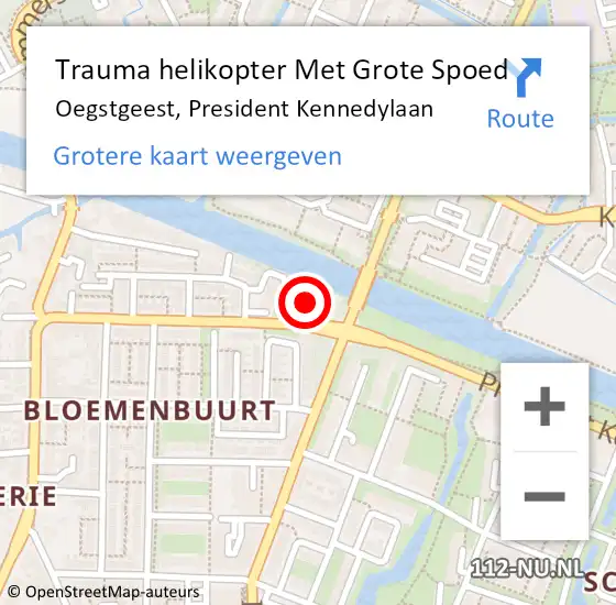 Locatie op kaart van de 112 melding: Trauma helikopter Met Grote Spoed Naar Oegstgeest, President Kennedylaan op 9 juni 2023 13:09