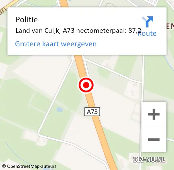 Locatie op kaart van de 112 melding: Politie Land van Cuijk, A73 hectometerpaal: 87,2 op 9 juni 2023 13:40