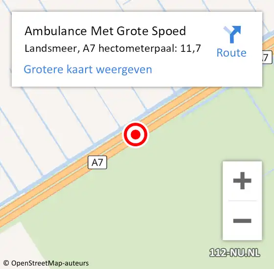 Locatie op kaart van de 112 melding: Ambulance Met Grote Spoed Naar Landsmeer, A7 hectometerpaal: 11,7 op 9 juni 2023 14:40
