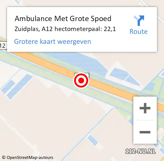 Locatie op kaart van de 112 melding: Ambulance Met Grote Spoed Naar Zuidplas, A12 hectometerpaal: 22,1 op 9 juni 2023 14:52