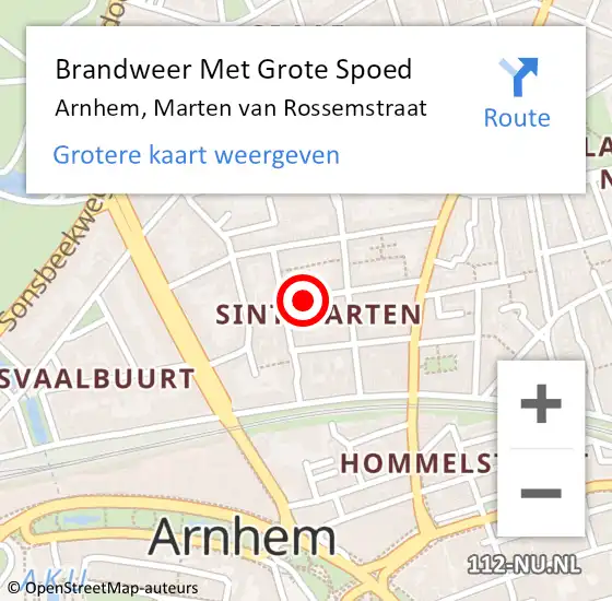 Locatie op kaart van de 112 melding: Brandweer Met Grote Spoed Naar Arnhem, Marten van Rossemstraat op 9 juni 2023 15:05