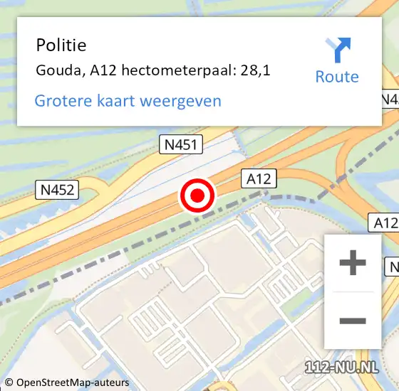 Locatie op kaart van de 112 melding: Politie Gouda, A12 hectometerpaal: 28,1 op 9 juni 2023 15:38