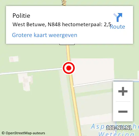 Locatie op kaart van de 112 melding: Politie West Betuwe, N848 hectometerpaal: 2,5 op 9 juni 2023 16:49