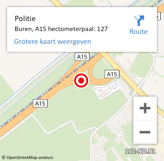 Locatie op kaart van de 112 melding: Politie Buren, A15 hectometerpaal: 127 op 9 juni 2023 16:58