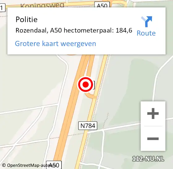 Locatie op kaart van de 112 melding: Politie Rozendaal, A50 hectometerpaal: 184,6 op 9 juni 2023 17:06