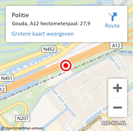 Locatie op kaart van de 112 melding: Politie Gouda, A12 hectometerpaal: 27,9 op 9 juni 2023 17:57