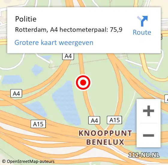 Locatie op kaart van de 112 melding: Politie Rotterdam, A4 hectometerpaal: 75,9 op 9 juni 2023 17:58