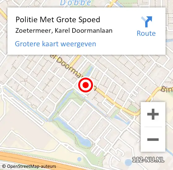 Locatie op kaart van de 112 melding: Politie Met Grote Spoed Naar Zoetermeer, Karel Doormanlaan op 9 juni 2023 18:13