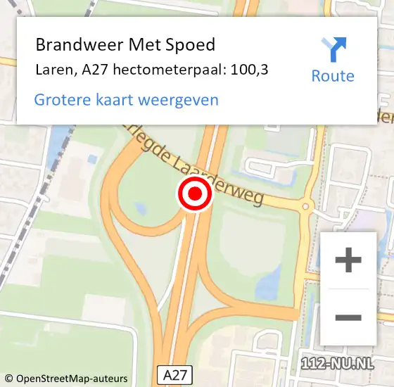 Locatie op kaart van de 112 melding: Brandweer Met Spoed Naar Laren, A27 hectometerpaal: 100,3 op 9 juni 2023 18:14
