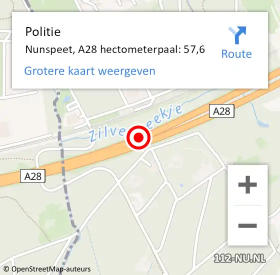 Locatie op kaart van de 112 melding: Politie Nunspeet, A28 hectometerpaal: 57,6 op 9 juni 2023 19:07
