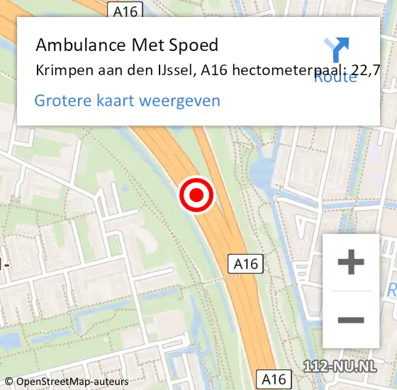 Locatie op kaart van de 112 melding: Ambulance Met Spoed Naar Krimpen aan den IJssel, A16 hectometerpaal: 22,7 op 9 juni 2023 19:35