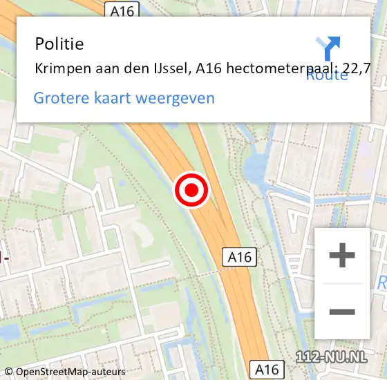 Locatie op kaart van de 112 melding: Politie Krimpen aan den IJssel, A16 hectometerpaal: 22,7 op 9 juni 2023 19:36
