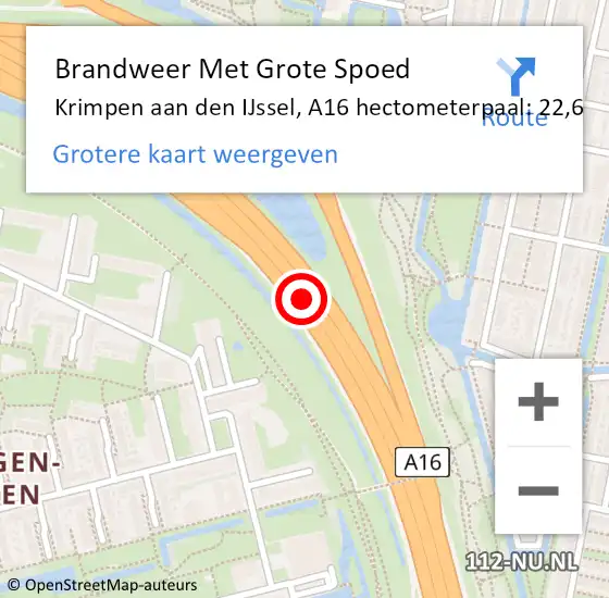 Locatie op kaart van de 112 melding: Brandweer Met Grote Spoed Naar Krimpen aan den IJssel, A16 hectometerpaal: 22,6 op 9 juni 2023 19:38
