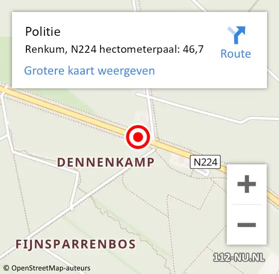 Locatie op kaart van de 112 melding: Politie Renkum, N224 hectometerpaal: 46,7 op 9 juni 2023 19:57