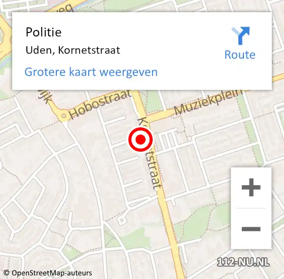 Locatie op kaart van de 112 melding: Politie Uden, Kornetstraat op 9 juni 2023 19:59