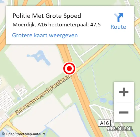 Locatie op kaart van de 112 melding: Politie Met Grote Spoed Naar Moerdijk, A16 hectometerpaal: 47,5 op 9 juni 2023 20:12