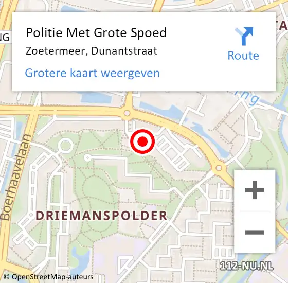 Locatie op kaart van de 112 melding: Politie Met Grote Spoed Naar Zoetermeer, Dunantstraat op 9 juni 2023 21:54