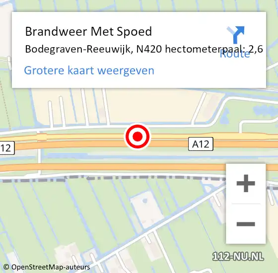 Locatie op kaart van de 112 melding: Brandweer Met Spoed Naar Bodegraven-Reeuwijk, N420 hectometerpaal: 2,6 op 9 juni 2023 22:11