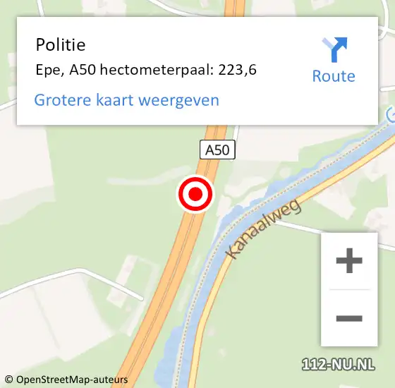 Locatie op kaart van de 112 melding: Politie Epe, A50 hectometerpaal: 223,6 op 10 juni 2023 05:53