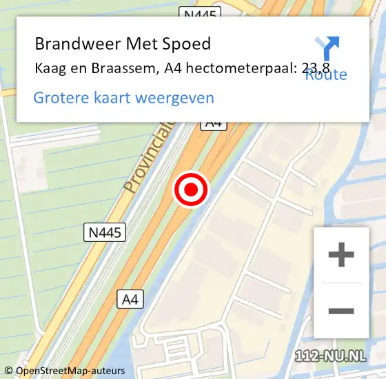 Locatie op kaart van de 112 melding: Brandweer Met Spoed Naar Kaag en Braassem, A4 hectometerpaal: 23,8 op 10 juni 2023 06:53